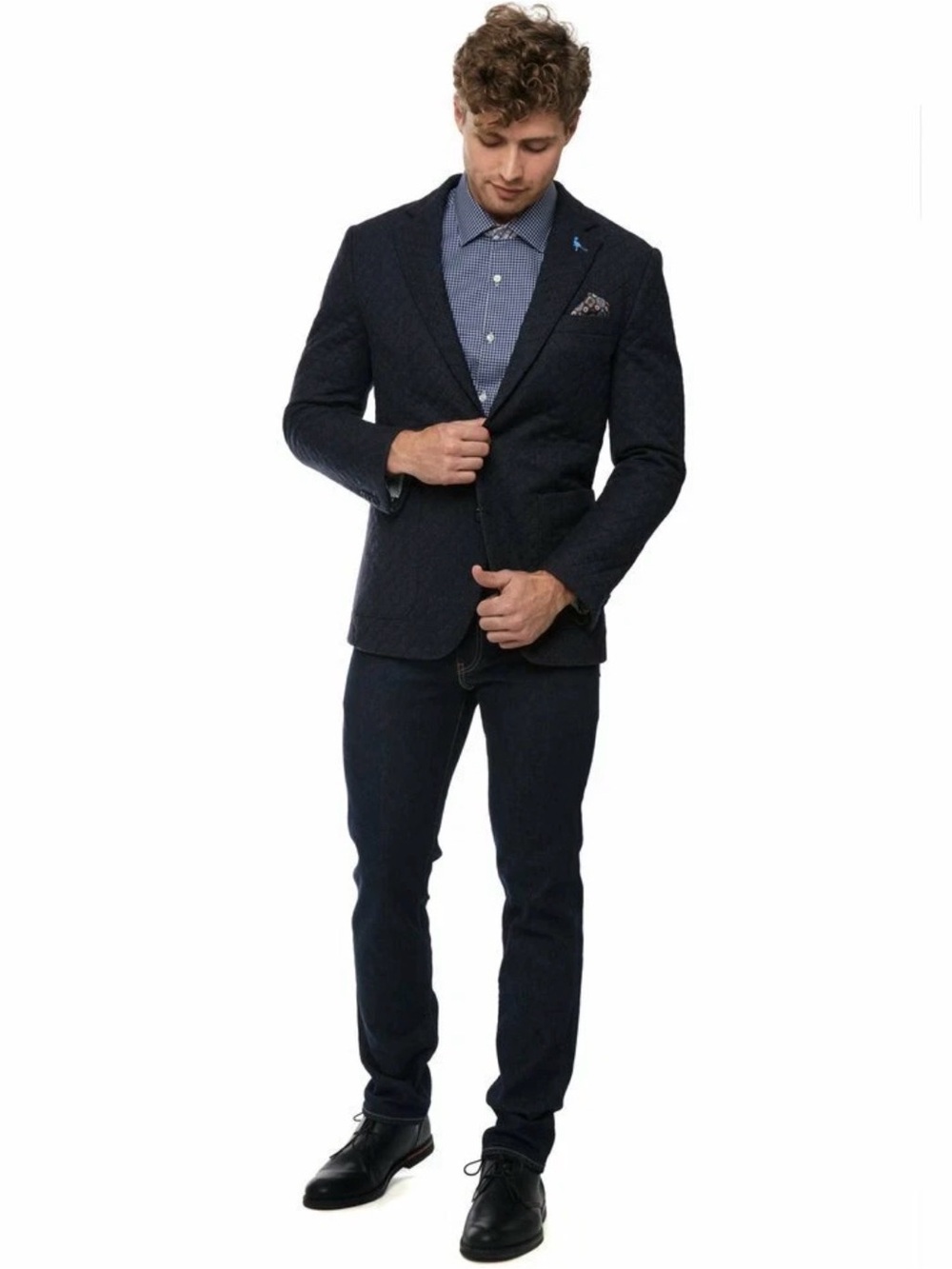 Tailorbyrd Men’s Quilted Wool Sport Coat Blazer Jacket in Navy Blue, Size 46L